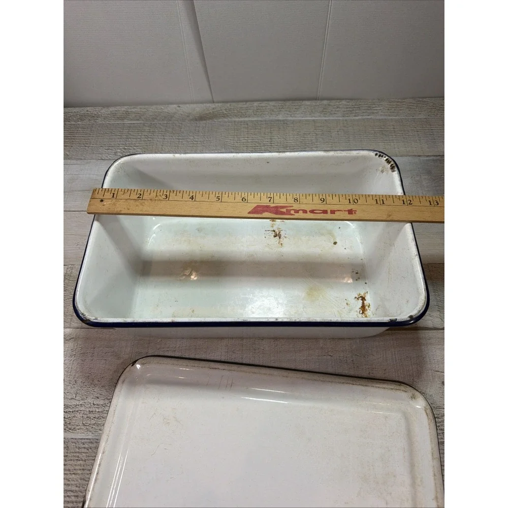 Vintage Enamelware Rectangular Basin Tub Lid White Blue Rim Farmhouse Primitive